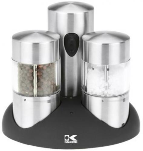 Kalorik PPG 40738 BK Rechargeable Stainless Steel Salt and Pepper Grinder Set; Set of 2 rechargeable electric mills; Base for 2 containers and rechargeable motor unit; Both containers immediately interchangeable, for grinding on the fly; Rechargeable: avoid the hassle or changing depleted batteries; Grinder in ceramic, performant and rust free; Powerful: Works on 6 x Ni-Mh 650mA rechargeable AA batteries (7.2V, included); UPC 848052002500 (PPG40738BK PPG 40738 BK)